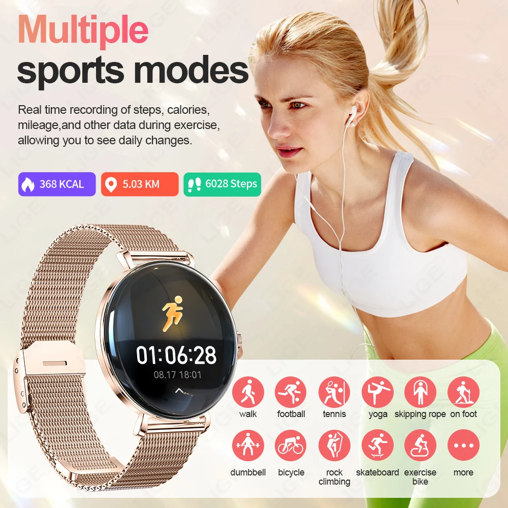 LIGE 1.43inch AMOLED Ultra HD Screen Fashion Ladies Smart Watch Bluetooth Call Smartwatch Metal Ultra thin Bracelet Watch Woman