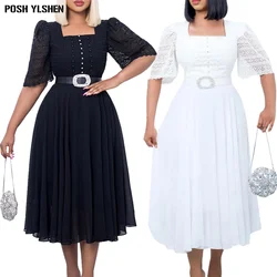 Sexy Chiffon Patchwork African Dresses for Women 2023 Summer Clothes Long Dress Party White Black Elegant Belt Robe Longue Femme