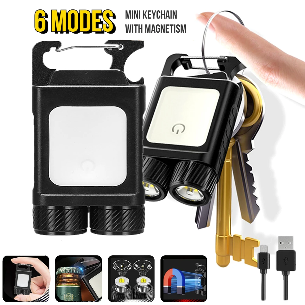 

Portable Mini Flashlight LED Rechargeable Keychain Torch Work Light Camping Lighting 6 Modes Camping Lights with Bottle Opener