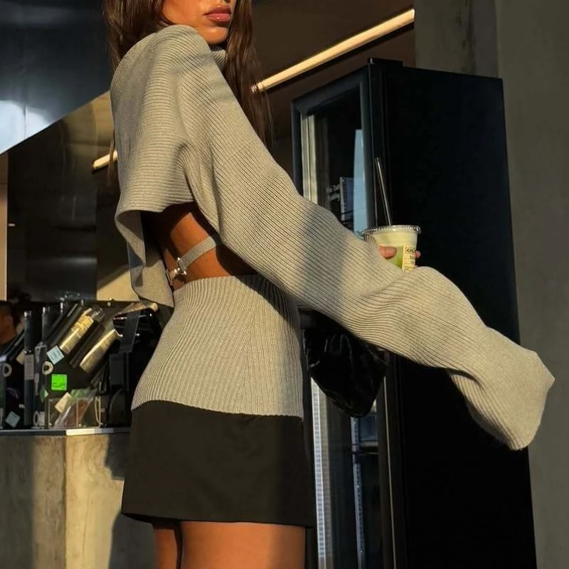 Knit Tank Top Sets For Women Fashion High Neck Vest And Long Sleeve Shawl 2 Piece Suits Sexy Backless Knitwear Top Femme