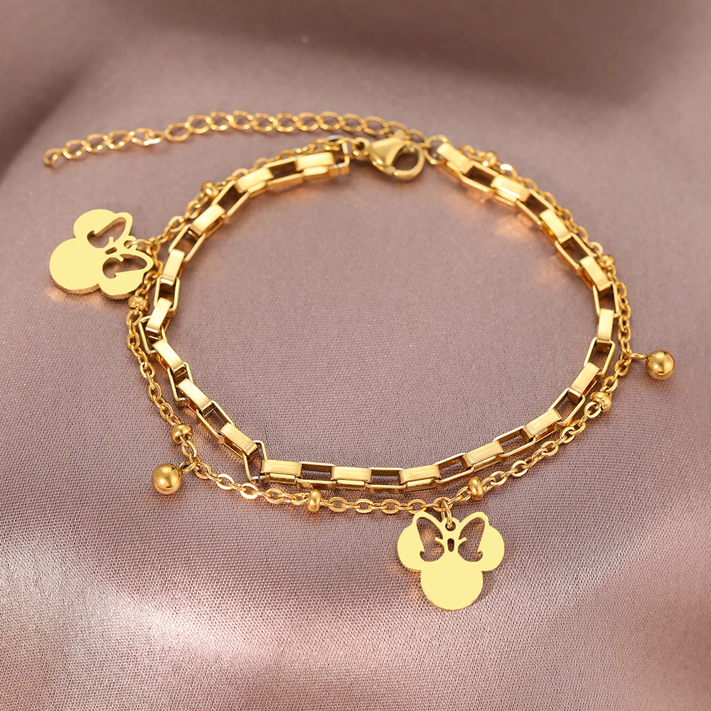 Stainless Steel Bracelets Chain Bracelet Stainless Steel Jewelry Stainless Steel Bracelets Cute Cartoon Anime Bow Mouse Pendant Bells Beads Layer Chain Bracelet For Women Jewelry Party Gifts