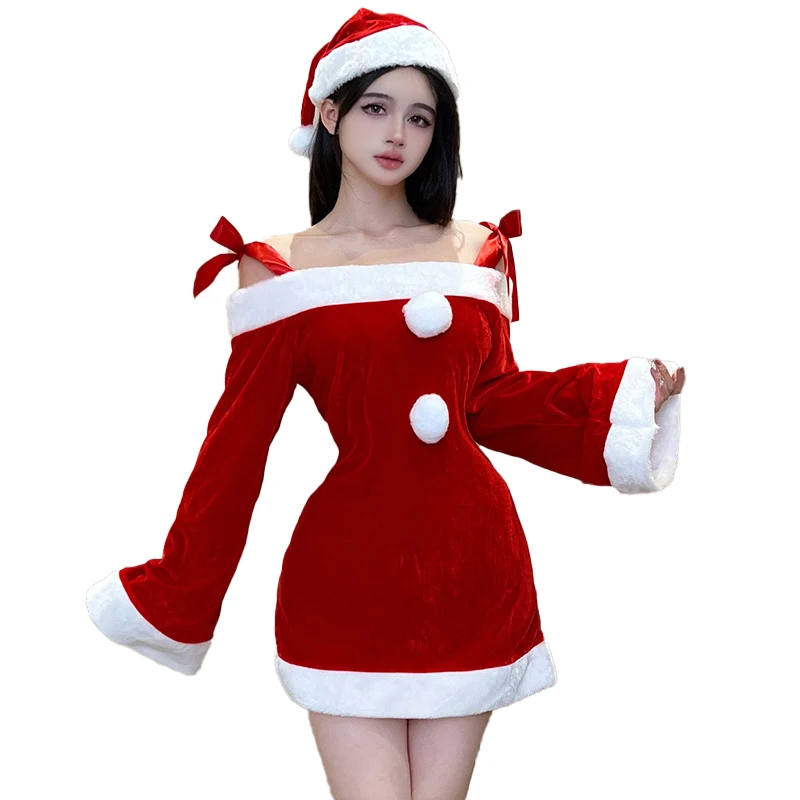 Women's Christmas Dress Sexy Santa Claus Costume Velvet Off-Shoulder Long Sleeve Dresses Winter Warmth Holiday Party Red Dress