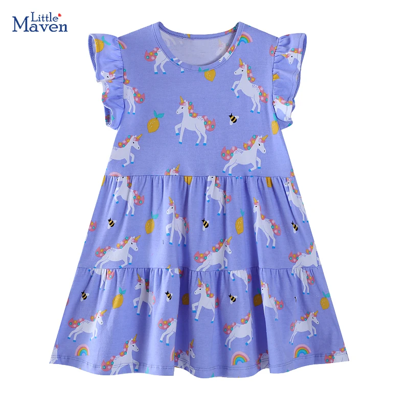 Little maven Summer Children's Clothing Cartoon Unicorn Rainbow Girl Princess Dress Kids Clothes Birthday Gifts Print Knit Skirt