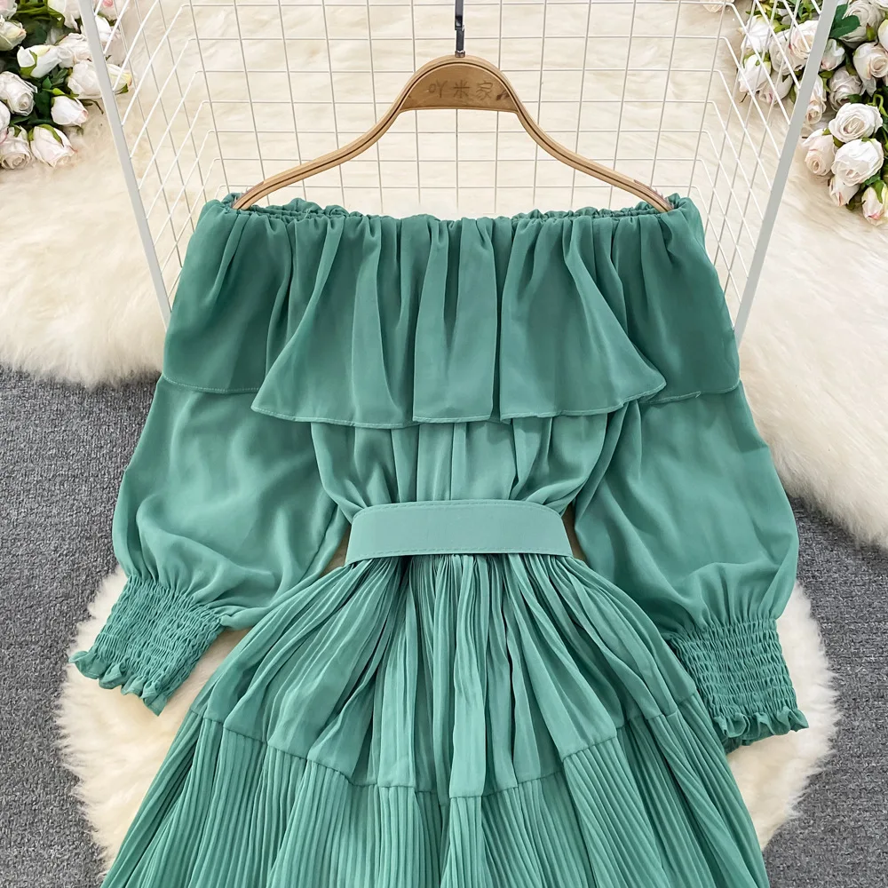 Women Vintage Off Shoulder Dress Chiffon Summer Sweet Lotus Leaf Edge Elegant Pleated Dresses Ladies Evening Party Long Dress