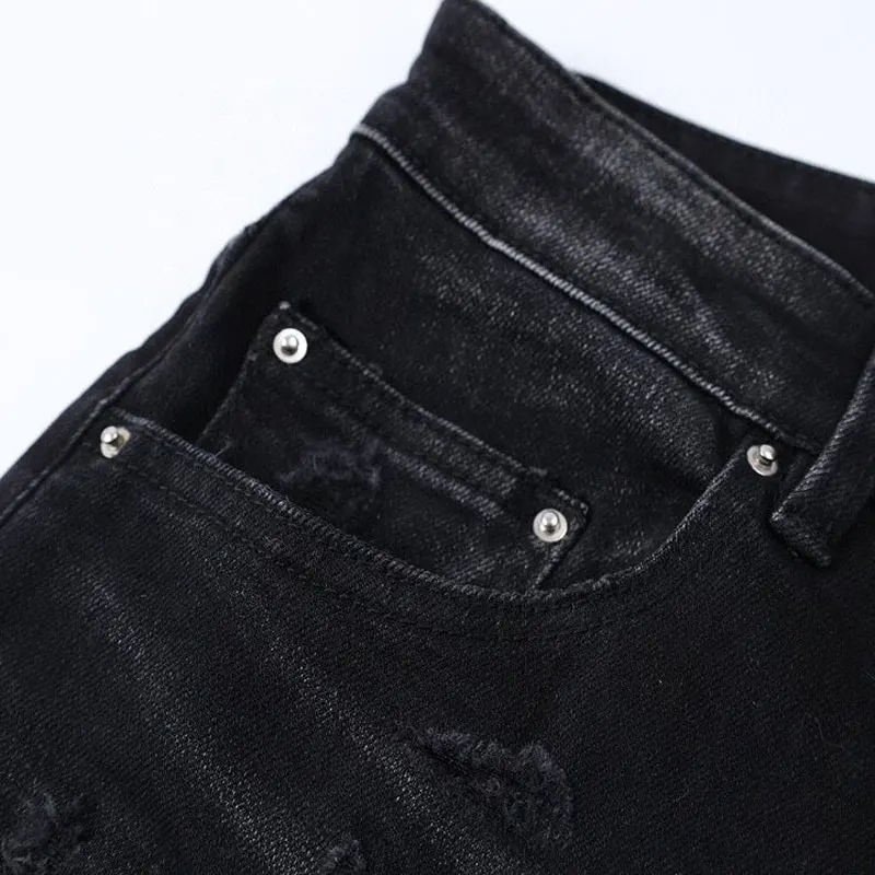 High Street Fashion Men Jeans Retro Black Gray Stretch Skinny Fit Ripped Jeans Men Patched Designer Hip Hop Brand Pants Hombre