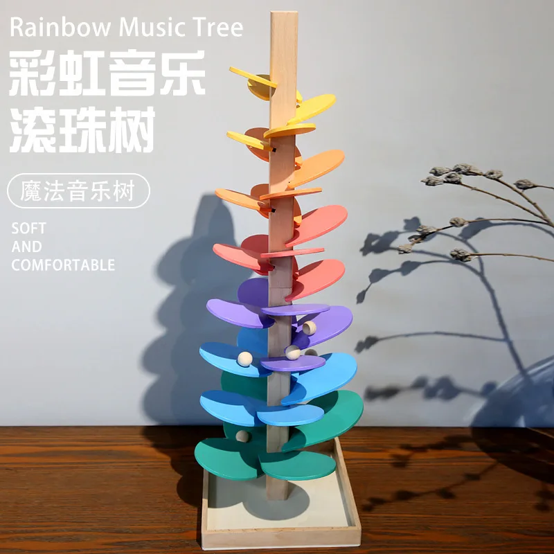 Wooden Rainbow Music Tree Collage Flower Petal Beads Track Children's Color Cognition Puzzle Wisdom Tree Fun Assembly Toys