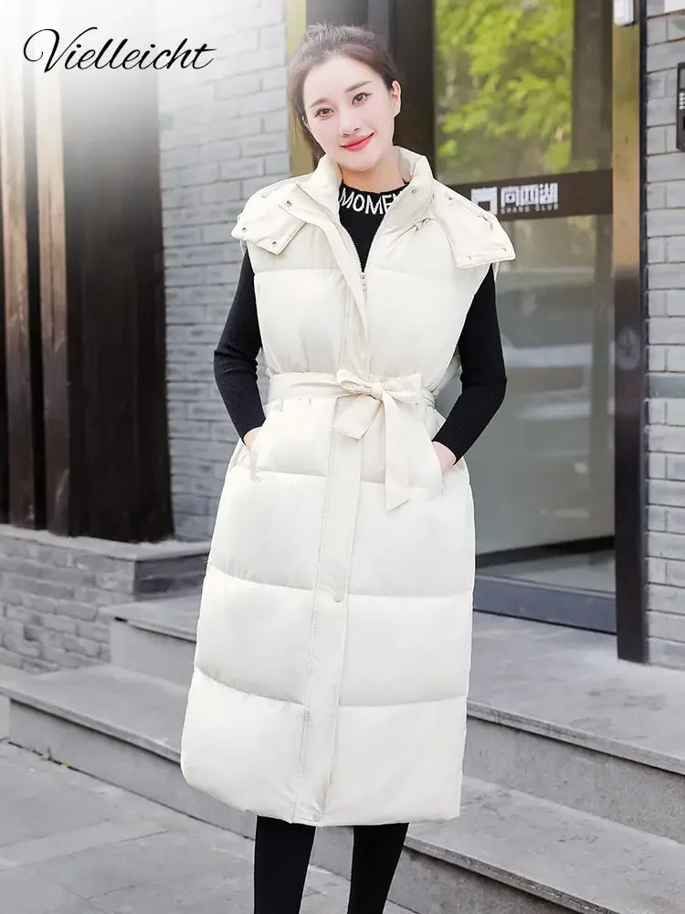 Vielleicht New Long Winter Cotton Vest  Jacket Women Warm Coat Hooded Zipper Sleeveless Overcoat Loose Bow Tie Sashes Waistcoat