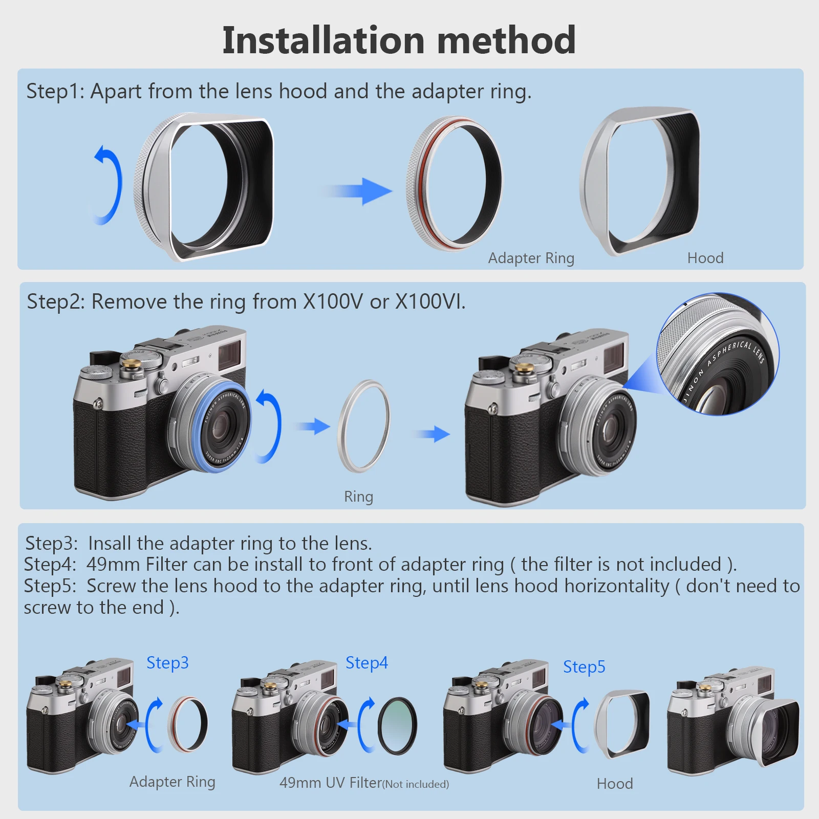 Pare-soleil Carré + Filtre UV Pour Fujifilm X100VI, X100V, X100F, X100T - Kit Métal Haoge