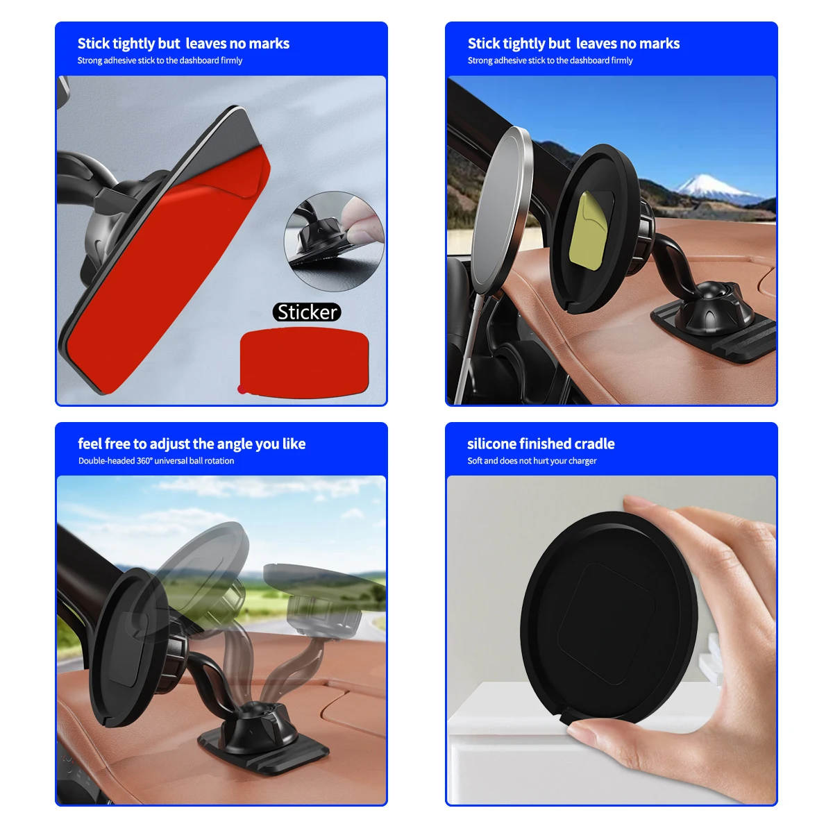 Wireless Fast Charging Car Phone Holder with Silicone Base and Cradle Stand