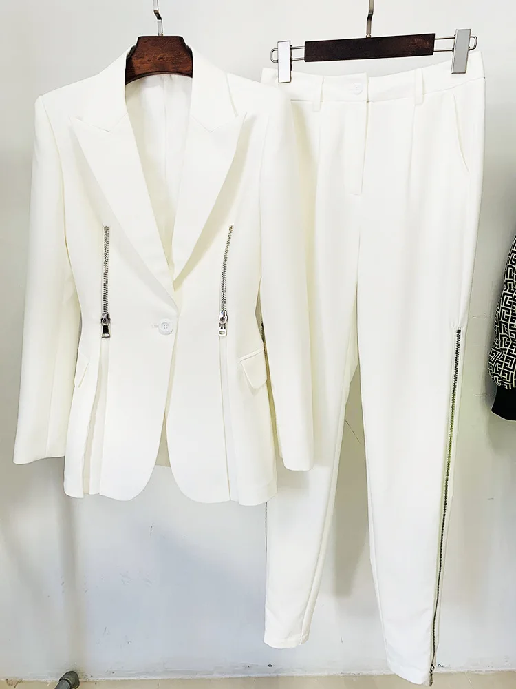 

Women's Blazer Sets Clothing Pants Set 2 Pieces White Fashion Personality Zip Slim Fit One Button Trouser Suit New In Matching G
