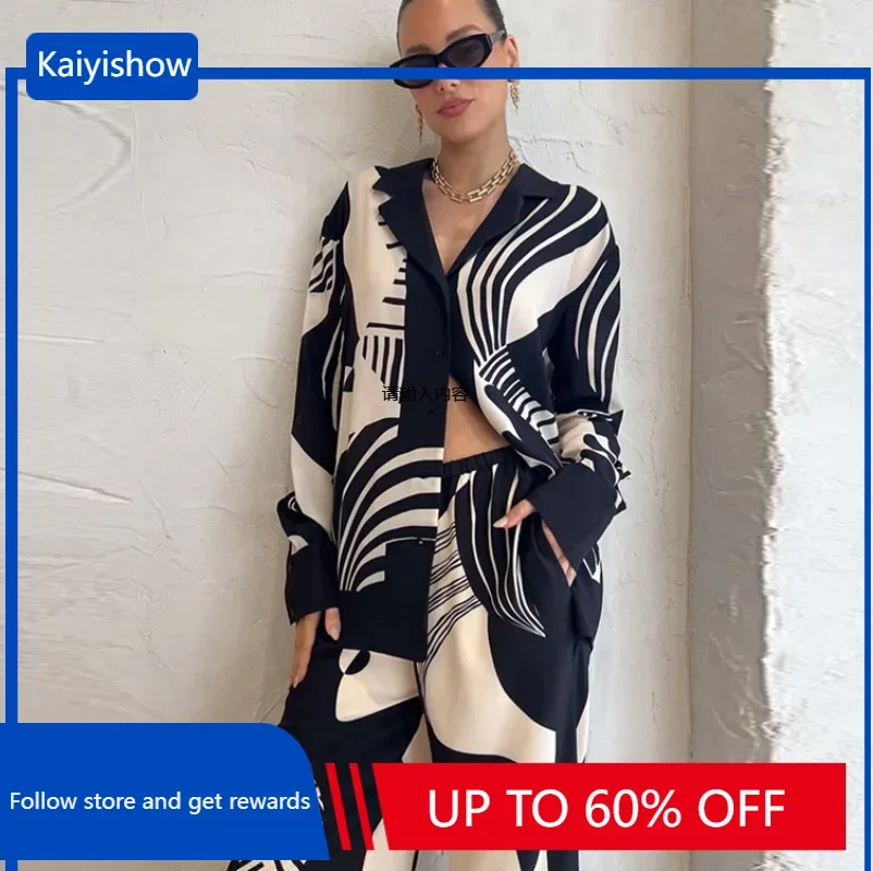 

Women Digital Print 2 Piece Set Chic Lapel Long Sleeved Blouse Top Loose Straight Leg Pants Suit Fashion Streetwear Outfits 2024
