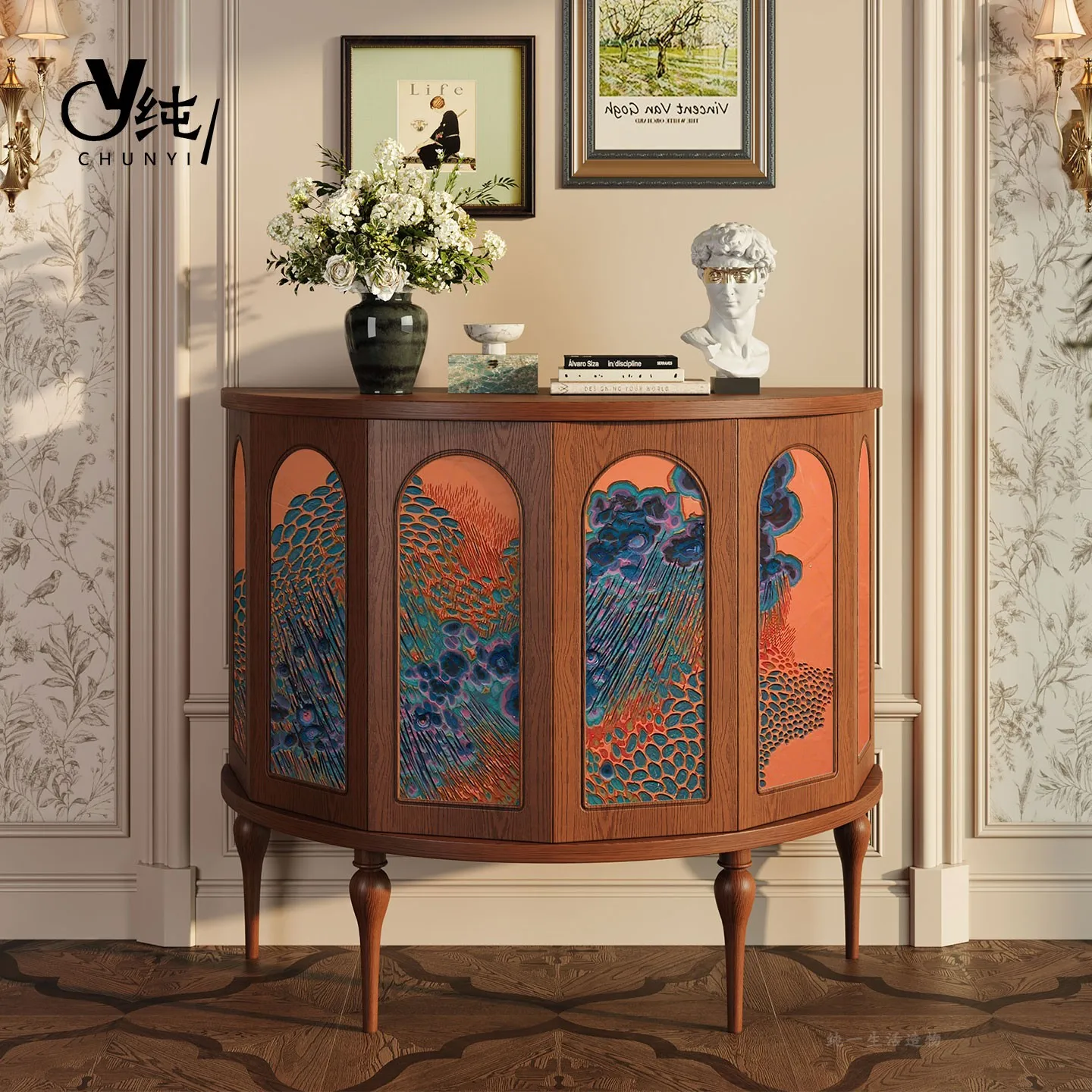 フランスの抽象アート無垢材玄関キャビネットヴィンテージスタイル