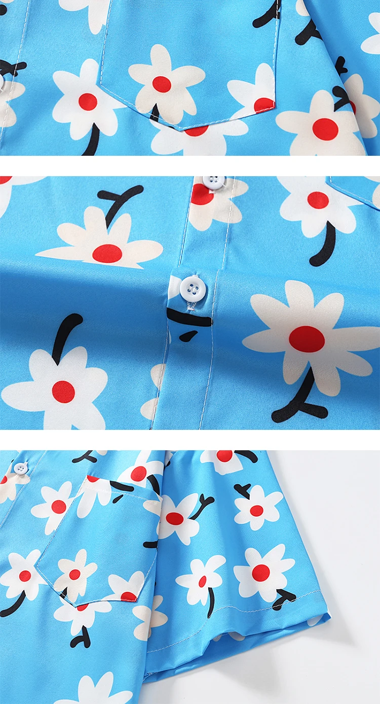 Description Picture 5 of itemMen Women Hawaiian Floral Print Short-sleeved Lapel Shirts Trendy Summer Beach Seaside Vacation Style Loose Casual Blouse Tops