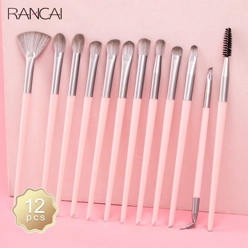 

RANCAI 12 шт. Профессиональные кисти для макияжа розовый цвет тени для век набор кистей для макияжа Смешивание Подводка для глаз бровей веер косметические наборы инструментов