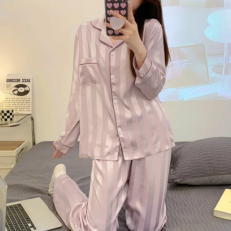 Pajamas Sets High-quality Light Luxury Silk Women's Sleepwear Spring Autumn Long-sleeve Cardigan Fashion Ice Silk Home Clothing