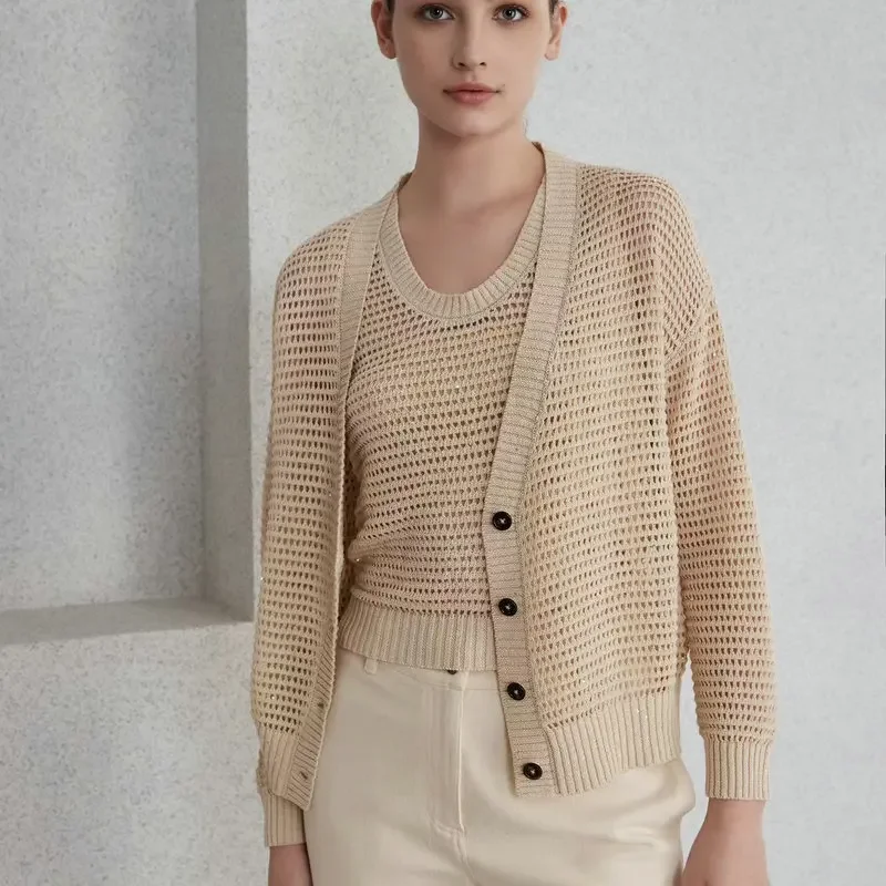 

New 2024 Spring Summer V-neck Linen Knitted Cardigan Hollow Long-sleeved Sweater Jacket for Women