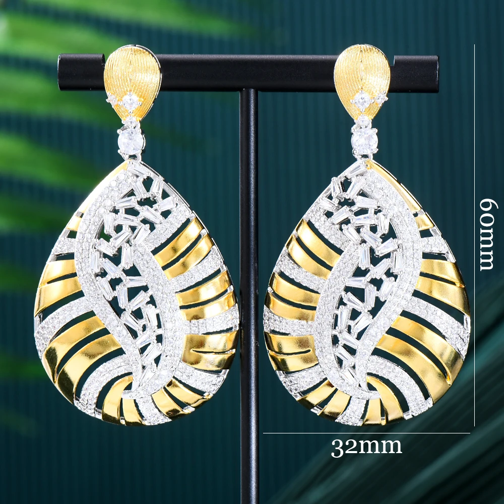 Missvikki Luxury DUBAI Hollow Dangle Earrings Shiny Cubic Zircon Drop Earring For Bridal Wedding Party Accessories High Quality