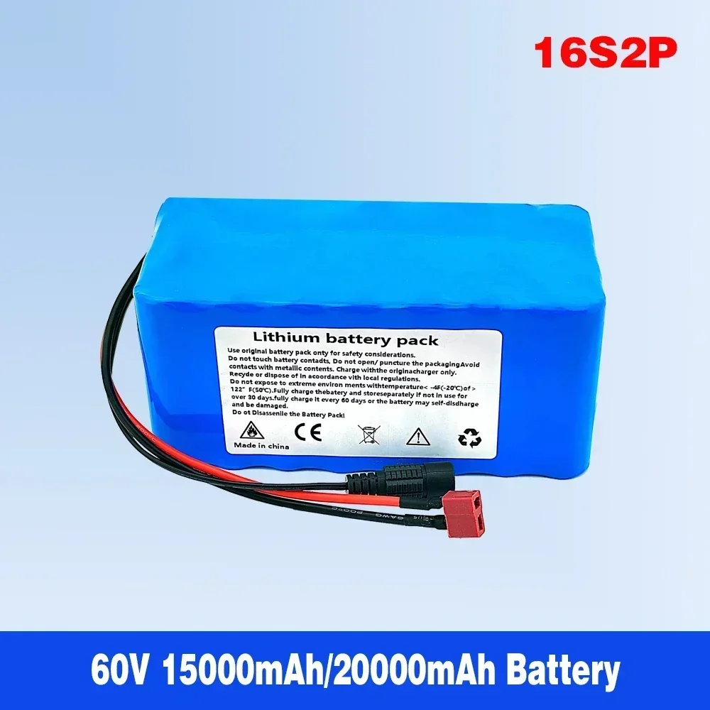 16S2P 60V 18650 15Ah/20Ah Lithium-Ion Battery Pack Built-In BMS High-Power 1000W Is Suitable For 67.2V E-Bike Electric Scooter.