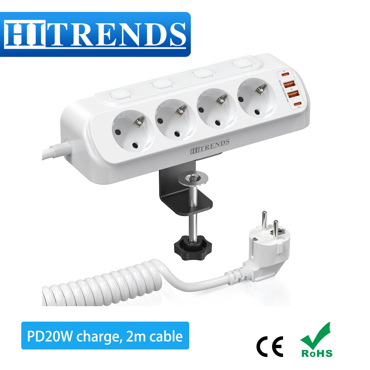 EU Plug Tabletop Power Strip USB Socket with 2 USB 2 Type-C Charge Port 2m Extension Cord 4 AC Outlets 4 Switch for Home Office
