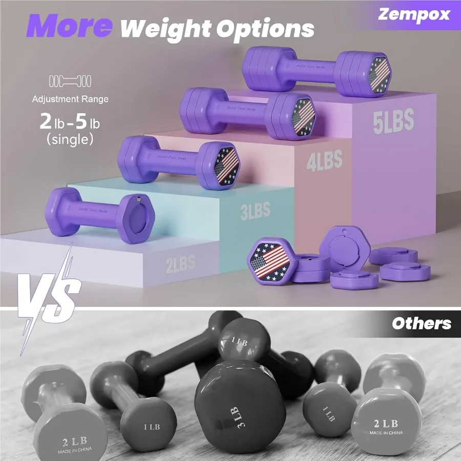 Adjustable Dumbbell Set of 2, 4 in 1 Hand Weights for Women at Home, 5 lb Weights Dumbbells set of 2, Each 2lb 3lb 4lb 5lb with