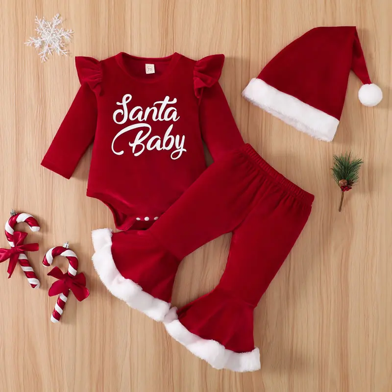 

Christmas Santa Outfit For Baby Girl Clothes Xmas Toddler Infant Letter Print Romper+Pant+Hat 3pc Set Tracksuit