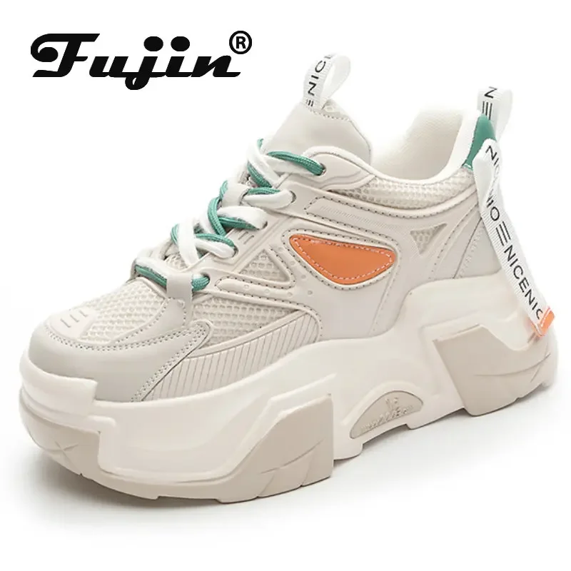 

Женские кроссовки на танкетке Fujin, белые кроссовки из натуральной кожи, на вулканизированной подошве 6 см, с сетчатым верхом, на шнуровке, летний сезон 2019