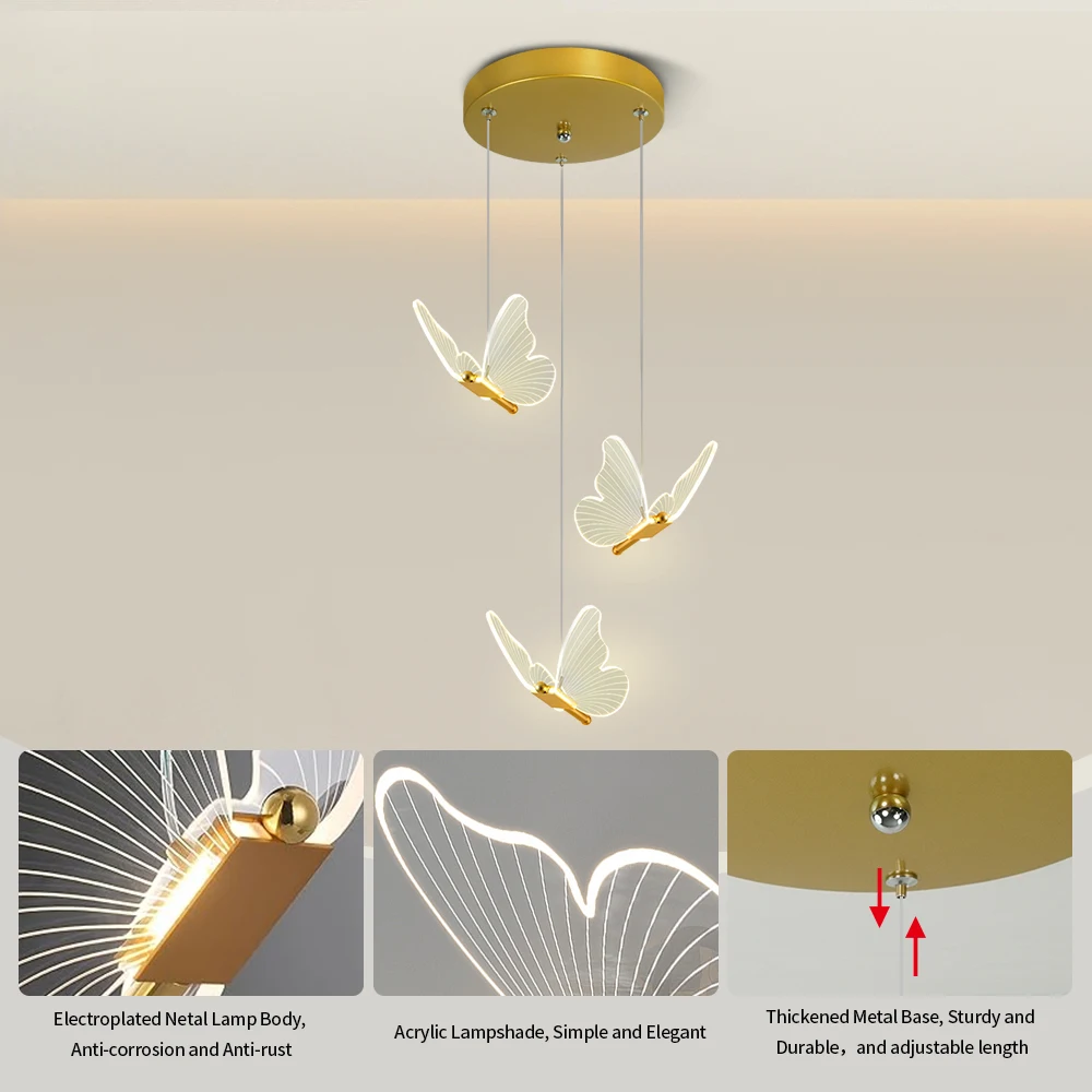 LED 모던 3헤드 나비 펜던트 조명, 3색 조명, 거실, 다이닝룸, 홈 데코레이션, 실내 조명