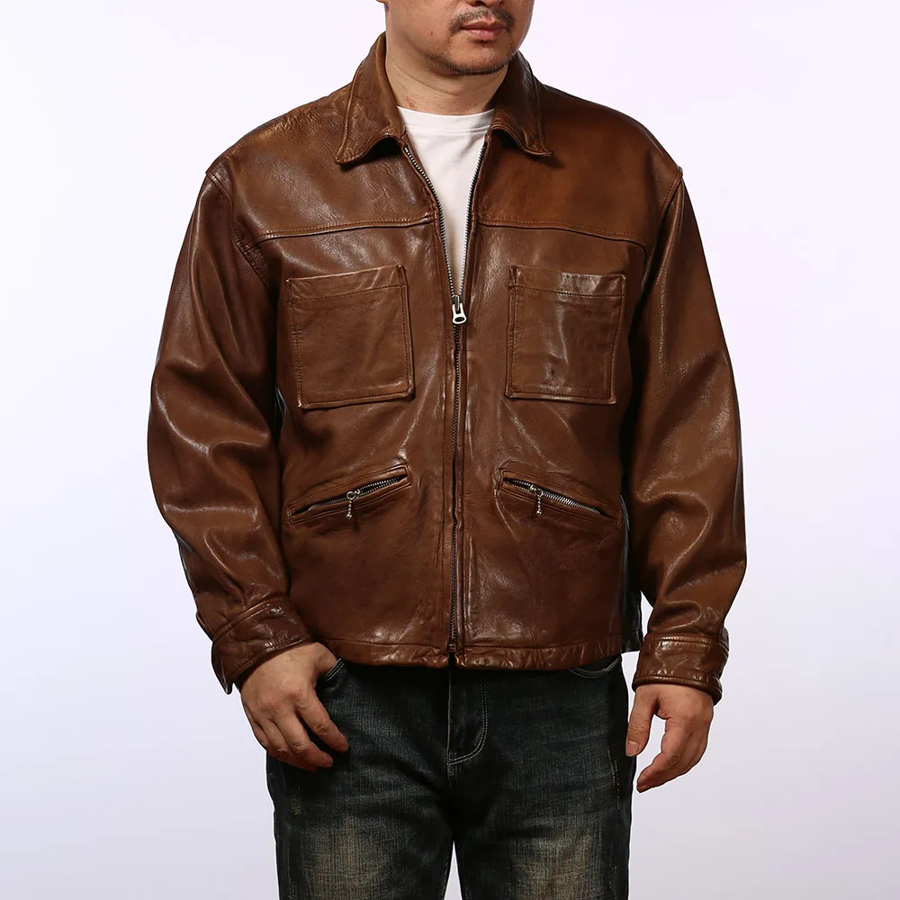 

PIN850 European US Size High Quality Super Warm Genuine Sheep Leather Coat Mens Big Biker Jacket