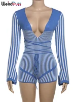 Weird Puss Crochet Bandage Playsuits Women Low-Neck Contrast Striped Patchwork Long Sleeve Autumn Trend Vacation Skinny Romper - Image 6