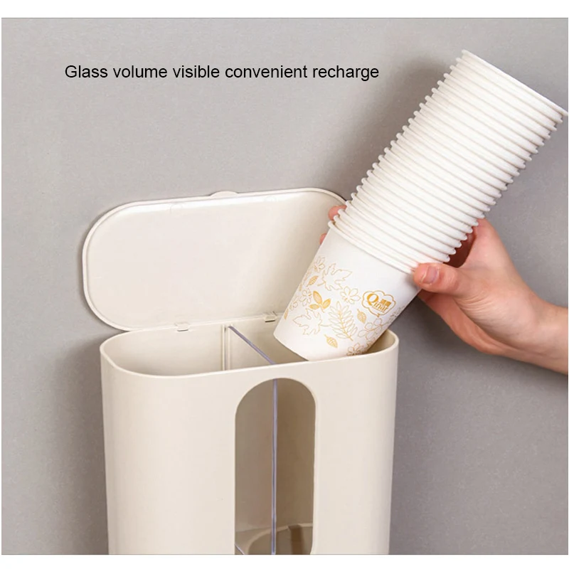 Dispenser Paper Cup Holder Double-Cylinder With Lid Disposable Paper Cups Holder Office Wall Mounted Plastic Cups Distributor