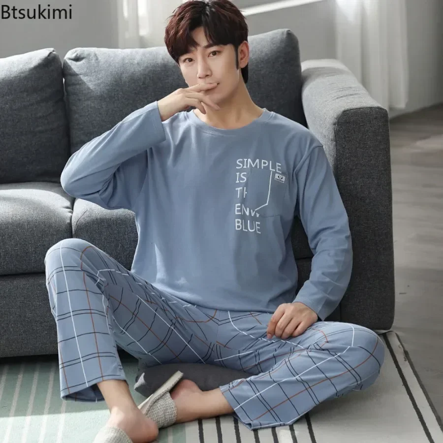 Men's Large Size Simple Loose Homewear Suit Spring Comfortable Cotton Long Sleeve Trouser Lounge Pajamas Two Piece Sets Male pajama sets