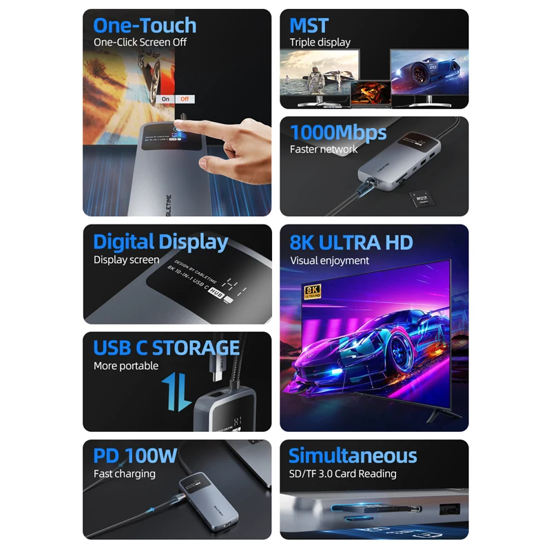 Cabletime-hub Usb c para Laptop Adaptador Macbook 8k 10 em Mst Hdmi Displayport Transferência Usb 10gbps Rj45 1000mbps Pd100w C471 - Imagem 5