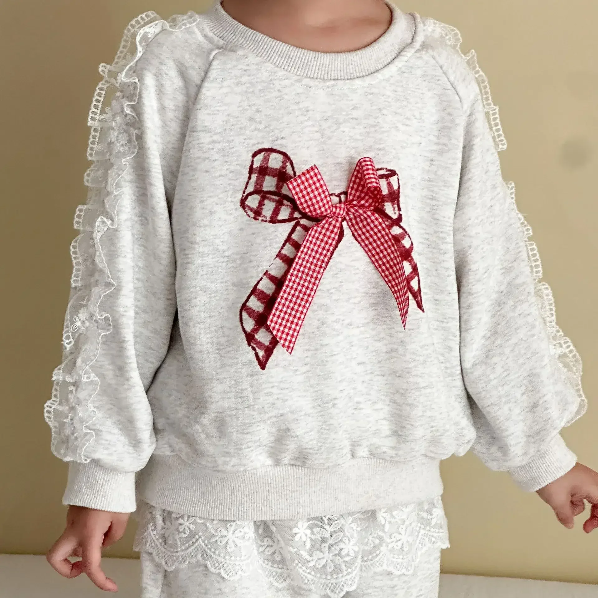 Autumn New Girls Clothing Set Bow Decoration Hoodie And Lace Pants 2 Pcs Girls Hoodie Suit Sweet Sports Set