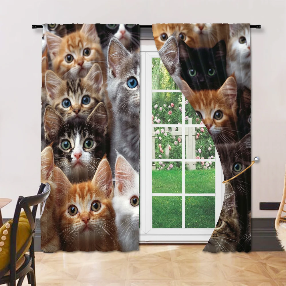 2 pcs, versatile polyester transparent curtains for home decoration Cute Cats for use in bedrooms and living rooms 6