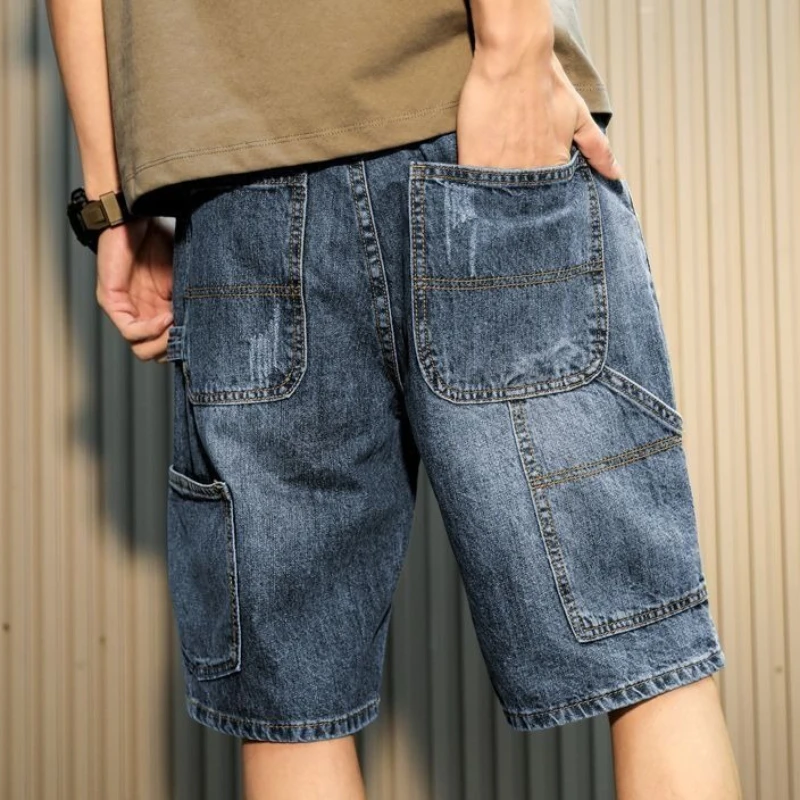 Denim Shorts Men's 2025 Summer Thin Loose Straight Casual Trendy Brand Broken Five-point Tooling Men's Pants Boyfriend Jeans