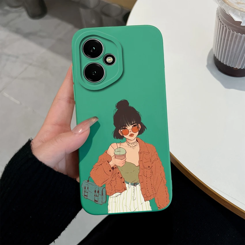 Fashionable Cool Girl Pattern Shockproof Phone Case with Smooth Liquid Silicone and Screen Protector