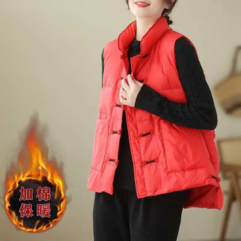 Autumn and Winter Women's Patchwork Stand Collar Sleepless Single Breasted Loose Over Size Vest Jacket Fashion Casual Tops