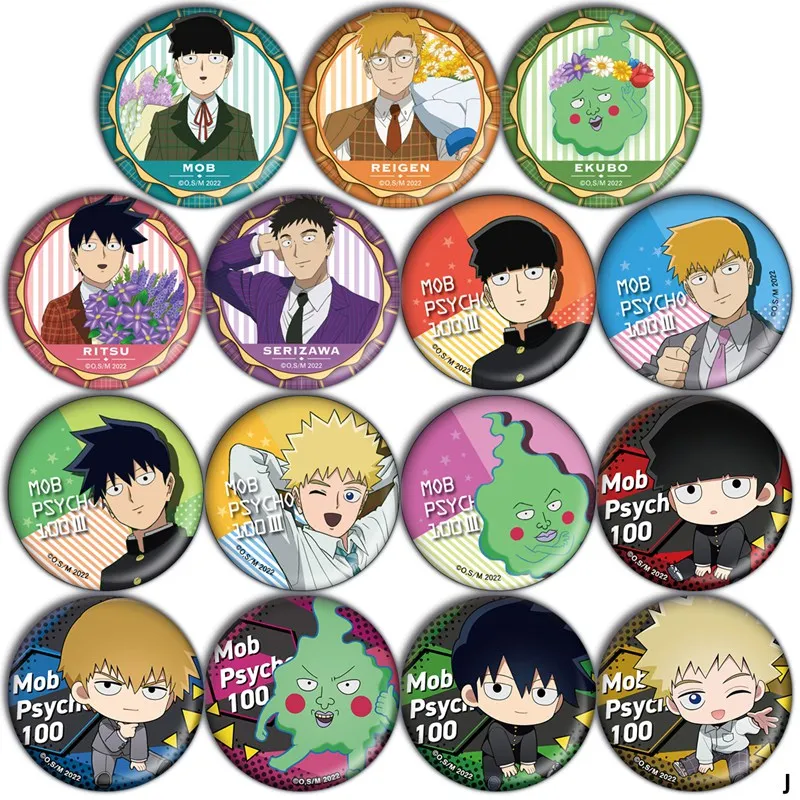 

Anime Mob Psycho 100 reigen Ekubo Mob Ritsu Teru Figure 58mm Badge Round Brooch Pin 3717 Gifts Kids Collection Toy