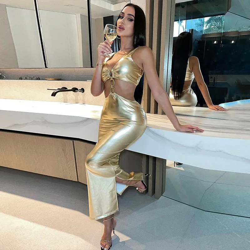 

2023 Faux Leather Solid V Neck Sleeveless Loop Hollow Out Slit Sexy Slim Maxi Dress Summer Women Y2K Streetwear Party