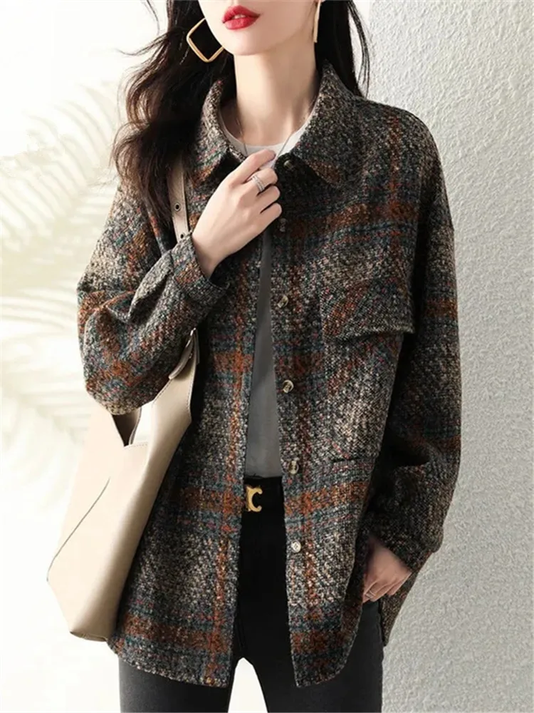 

Пальто женское демисезонное в клетку, свободная однобортная тонкая шерстяная рубашка с отложным воротником, модная одежда