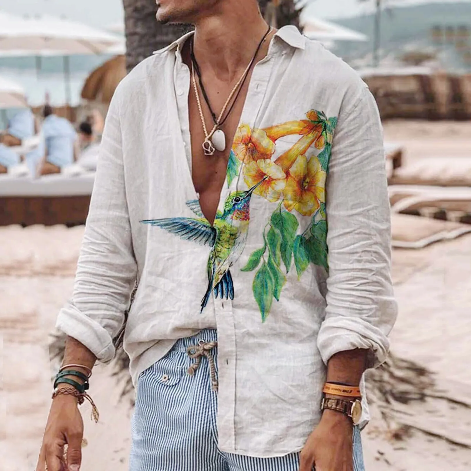 

Cotton Line Men Shirts Retro Parrot Print Long Sleeves Blouses White Solidcolor Single Breasted Stand Collar Cardigan Male Blusa