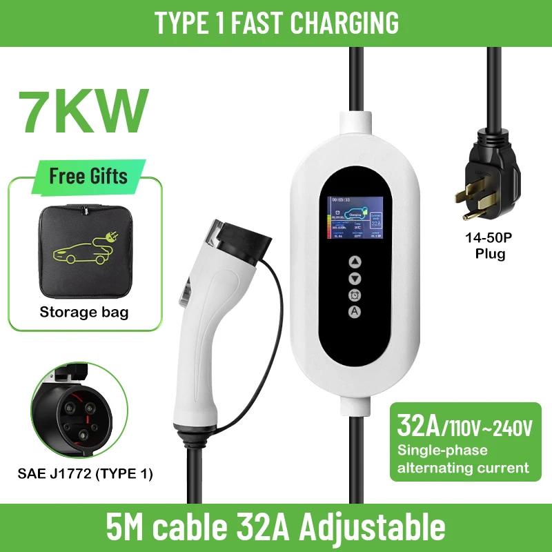 

HQ 7KW EV Portable Charger Type 1 for Electric Car Tesla Model Y 220V 32A adjustable Ev Fast Charger 7kw Type 1 Charging Station