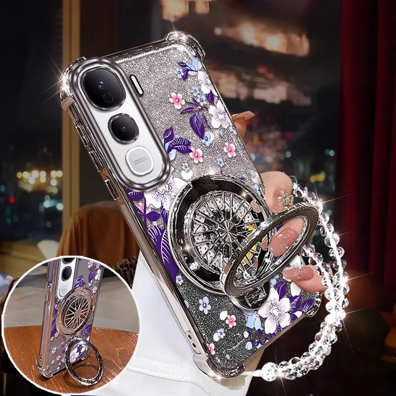 Purple Flowers Plating Phone Case with Bracket and Lanyard
