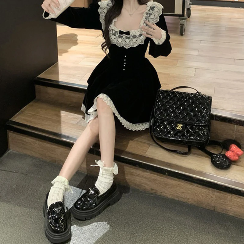 Vestido Y2K para mujer, ropa estética, con encaje, escote redondo, manga larga, corte A, minivestido de terciopelo, vestidos de fiesta, ropa de calle
