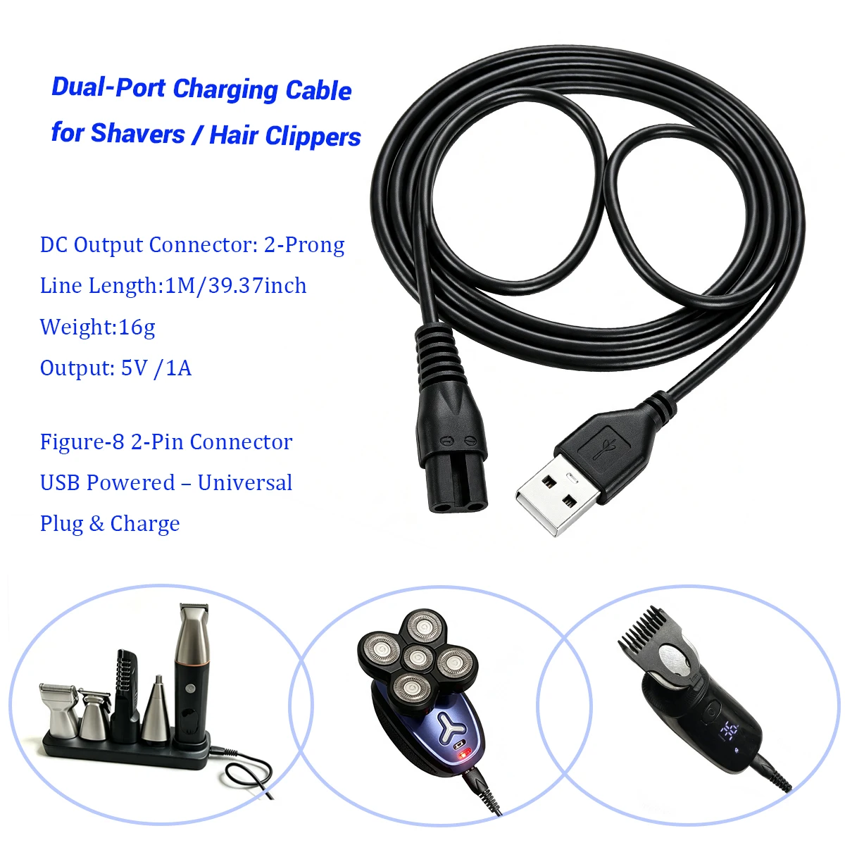Universal USB 2-Prong Shaver Charging Cable Replacement