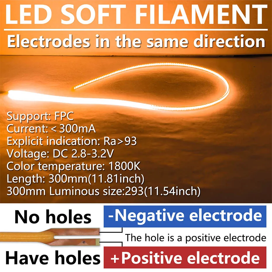 Free Cut Flexibles LED-Filament 80 mm 110 mm 190 mm 300 mm für LED-Edison-Glühbirne DC3V-Lampenzubehör Diodenteile Warmgelb 1800 K – Detail 5