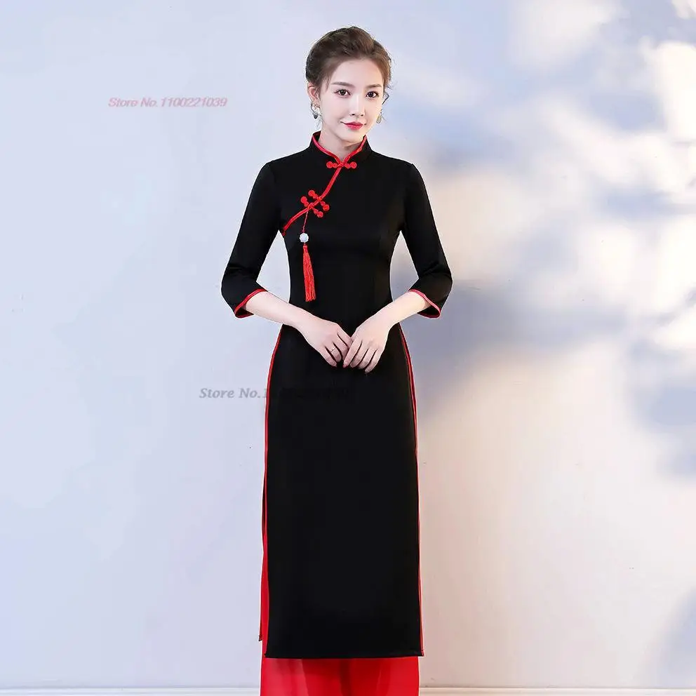Traditional Vietnamese Aodai Dress Pants Set Oriental Qipao Cheongsam Banquet Evening Vestido