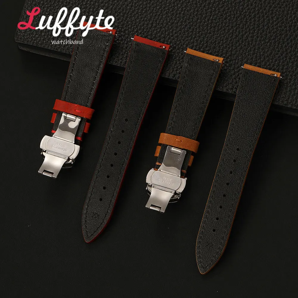 Men's Vintage Crazy Horse Leather Watch Band with Butterfly Buckle