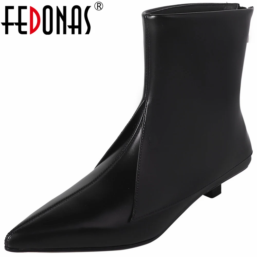 

FEDONAS Fashion Design Women Ankle Boots Pointed Toe Genuine Leather Low Heels Office Lady Back Zipper Shoes Woman Autumn Winter