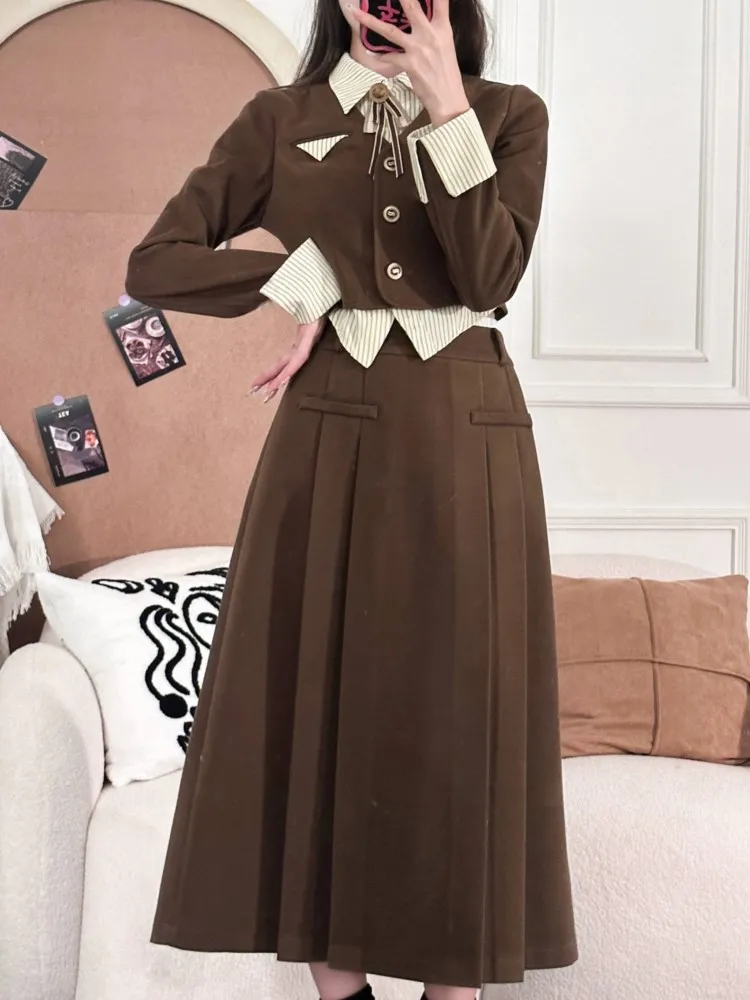 

Korean New Vintage Women Skirt Suits Fashion Lady Long Sleeve Blazer Top Casual Pleats A-line Skirt 2023 Y2k Solid 2 Pieces Set